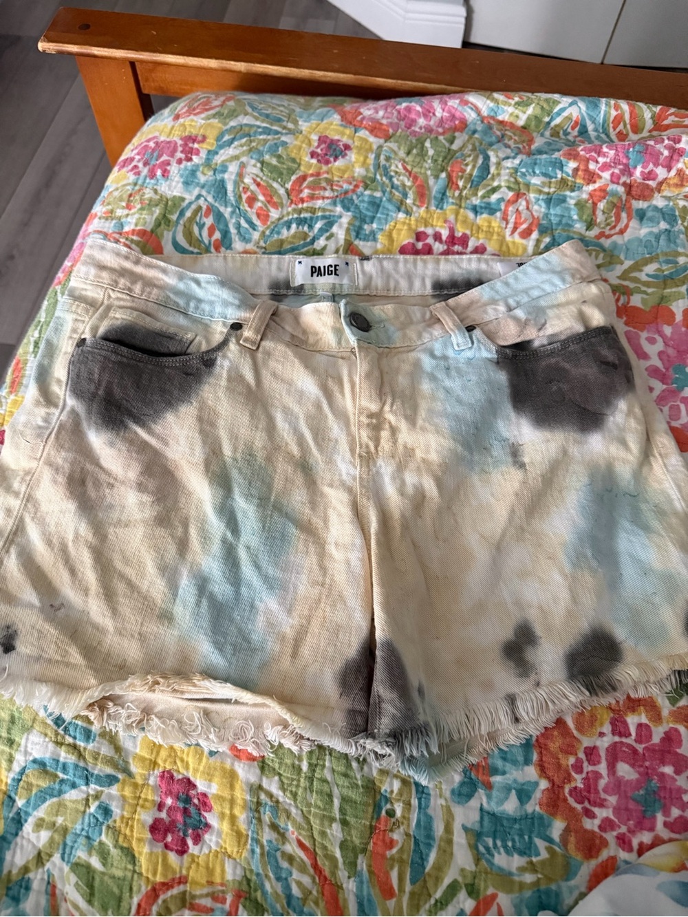 PAIGE Women's Tie-Dye Denim Cutoff Shorts in Cream, Blue & Gray size 29